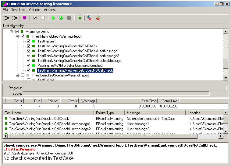 Image shows effect of selecting Warn if fail test overridden
